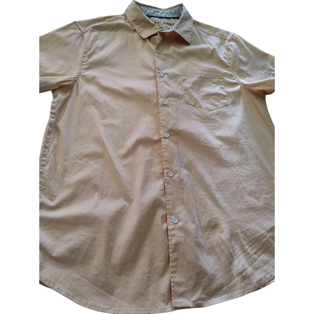 Free Planet Peach Shirt Woven Button Front Short Sleeves Cotton Mens Size Medium
